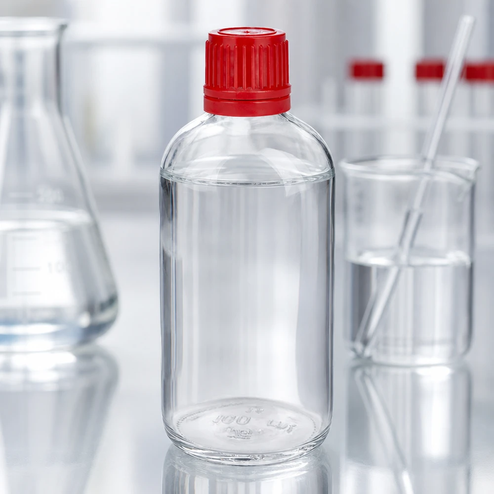 100ml láhev 11mm šroubovací uzávěr červený uzávěr ClearLine UT18/100 Schlanke 100ml ClearLine Flasche UT18 mit rotem Tamper-Evidence-Verschluss 11mm