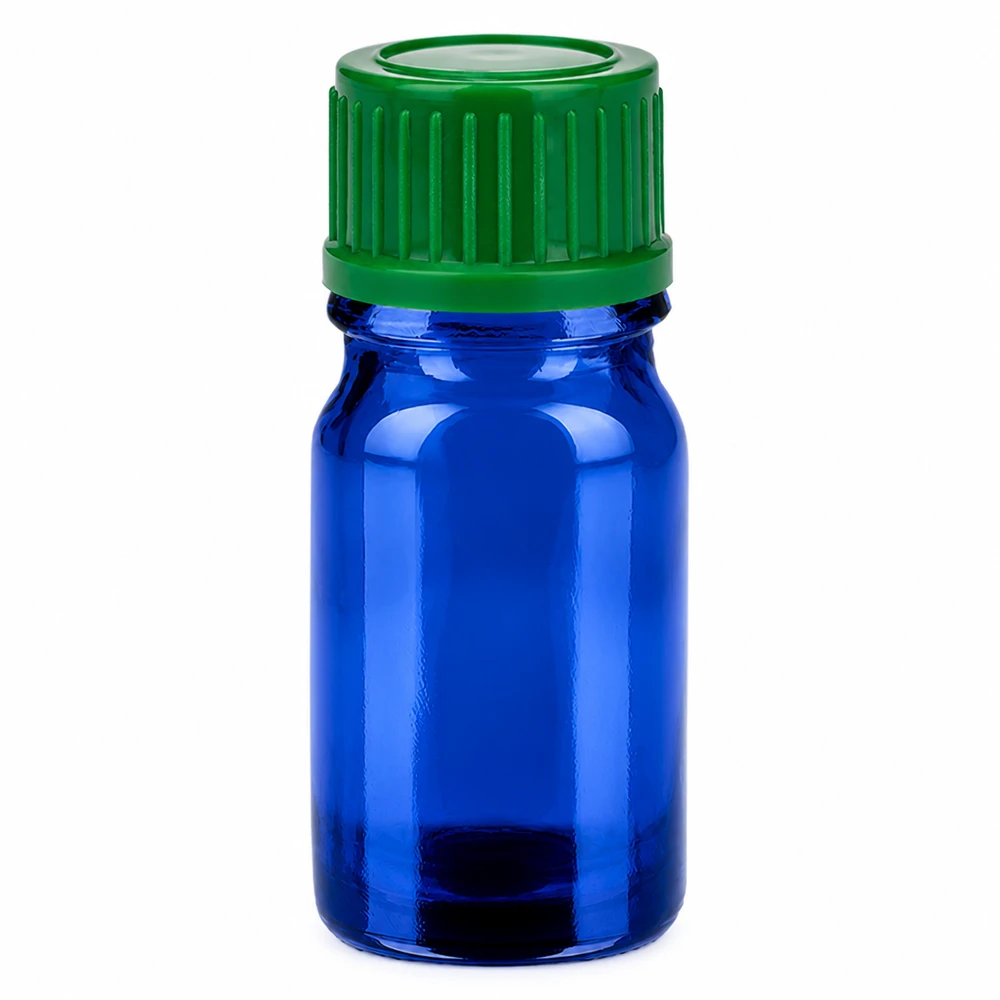 5ml lahvička 11mm šroubovací uzávěr zelená Standard BlueLine UT18/5 5ml Glasflasche UT18/5 in blau mit grünem Deckel perfekt für kleine Probenmengen