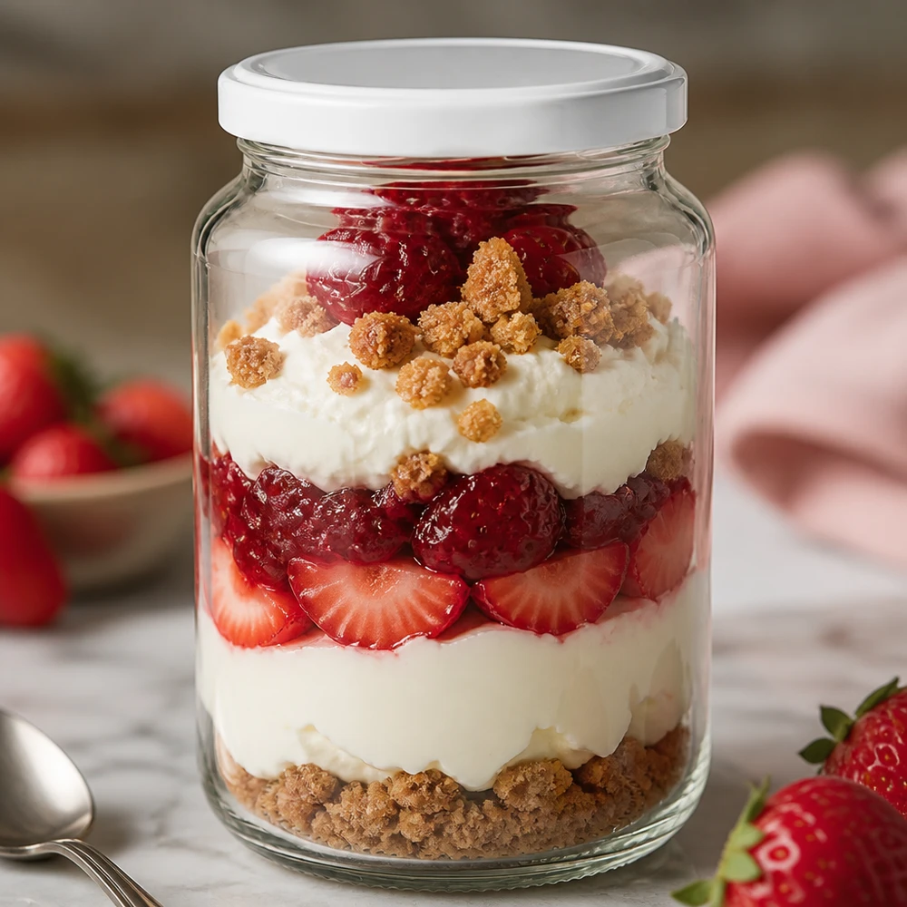 382ml kulatá sklenice s víčkem BasicSeal bílá UNiTWIST 382ml UNiTWIST Rundglas mit weißem BasicSeal Deckel als Dessertglas mit Schichtnachtisch Erdbeeren und Sahne