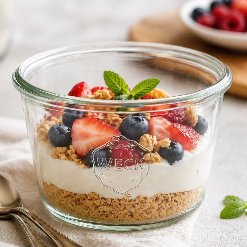 370ml tumble nádoba WECK RR100 s dřevěným dřevem - dřevěná nádoba s dřevem. WECK Sturzglas 370ml RR100 mit Joghurt Beeren Müsli gefüllt auf weißem Holztisch