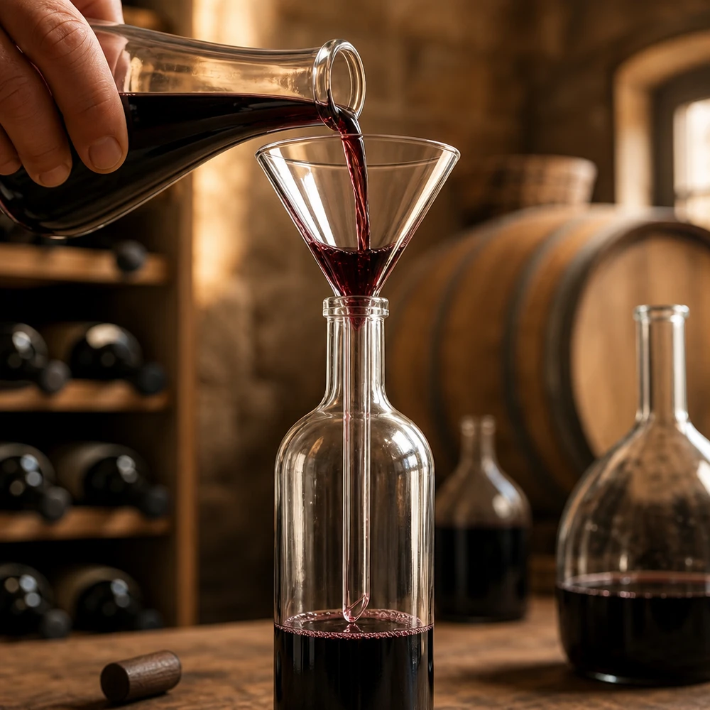Trychtýř ø55mm sodnovápenatý, úhel 60°, krátký styl Vielseitiger Kurzstiel-Glastrichter aus robustem Kalk-Soda-Material für Küche und Weinhandling