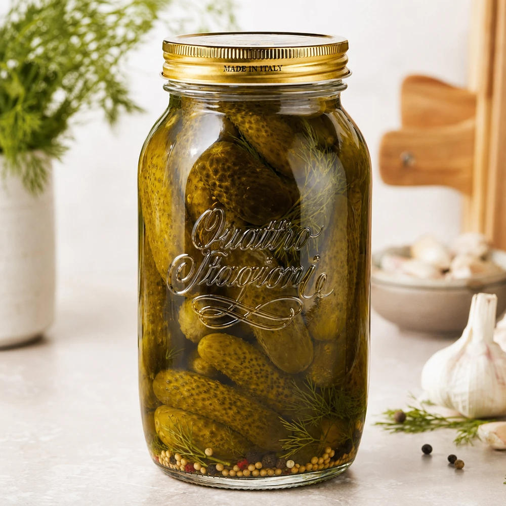 1500ml kulatá sklenice "Quattro Stagioni" s víčkem Quattro Stagioni 1500ml Einmachglas gefüllt mit eingelegten Gurken und Dill zeigt praktische Verwendung als Konservengla