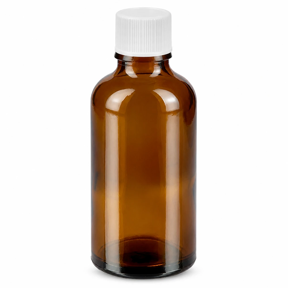 50ml láhev 11mm šroubovací uzávěr bílá Standard BrownLine UT18/50 50ml Tropfflasche in Braunglas mit weissem Schraubdeckel für Aromatherapie und Pharmazie