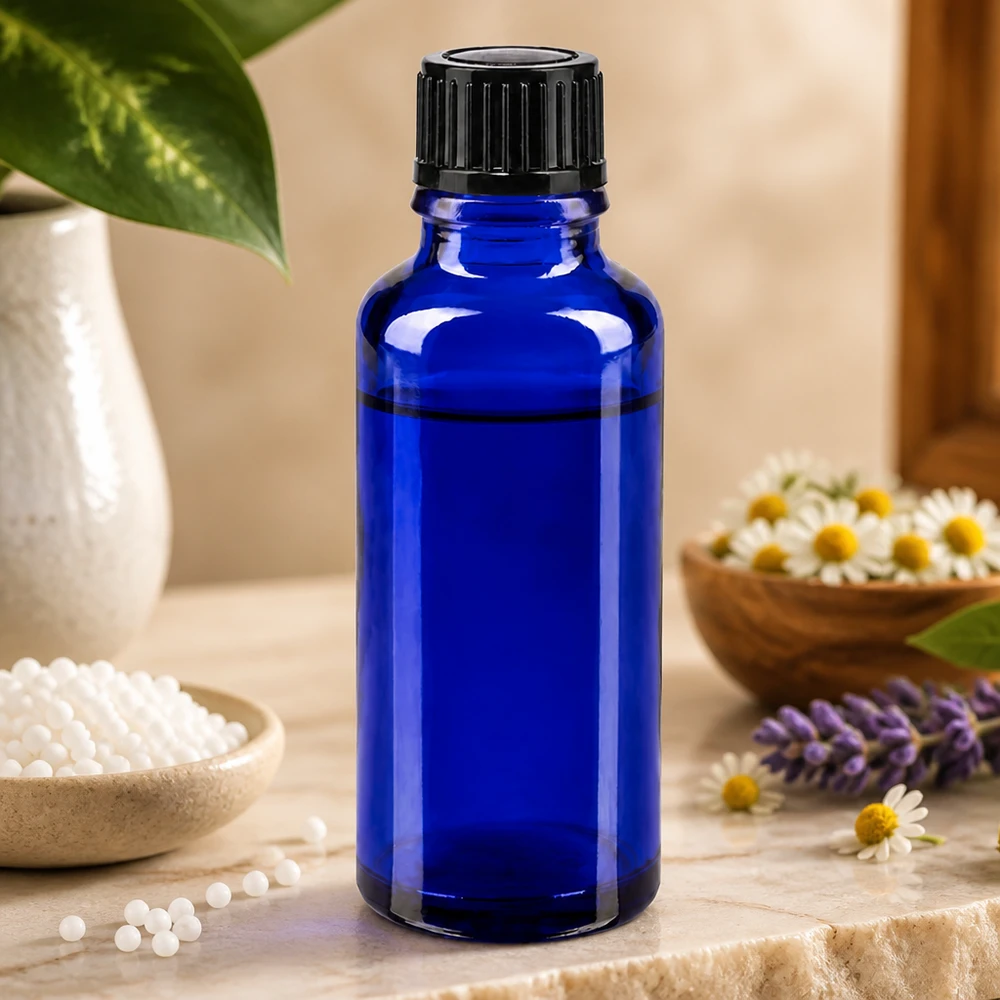 Lékárenská láhev modrá 30ml kapací uzávěr 1mm černý standardní Kobaltblaue Glasflasche 30ml mit Dosierverschluss zwischen Lavendel und homöopathischen Globuli