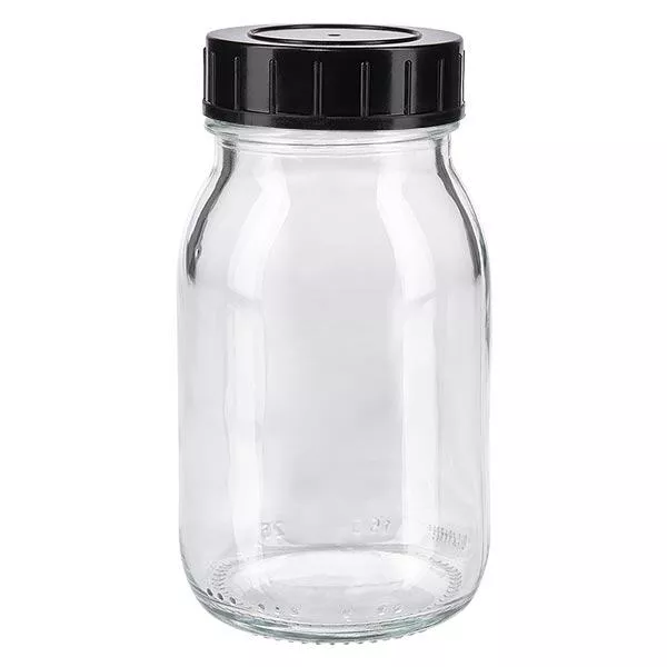 Láhev se širokým hrdlem o objemu 150 ml z čirého skla se šroubovacím uzávěrem