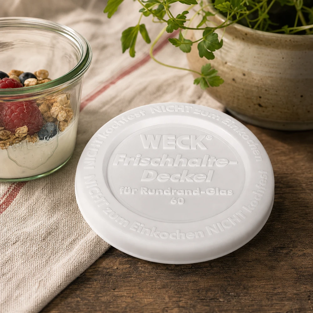 WECK Frischhaltedeckel RR60 weißer Kunststoffdeckel auf Holztisch neben Joghurt mit Beeren natürliche Küchendeko