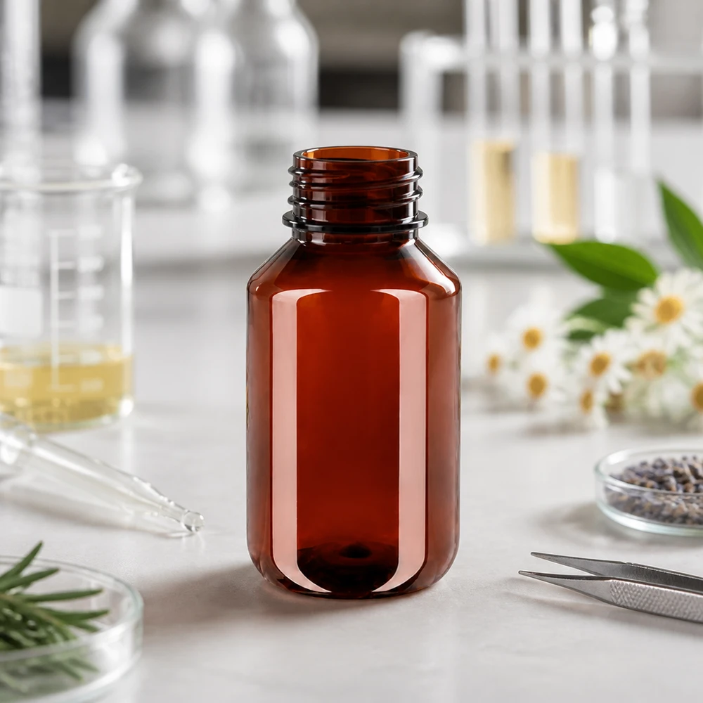 PET láhev 100ml s dávkovací pumpičkou černá Prázdná jantarově zbarvená PET láhev o objemu 100 ml bez uzávěru na bílé laboratorní desce