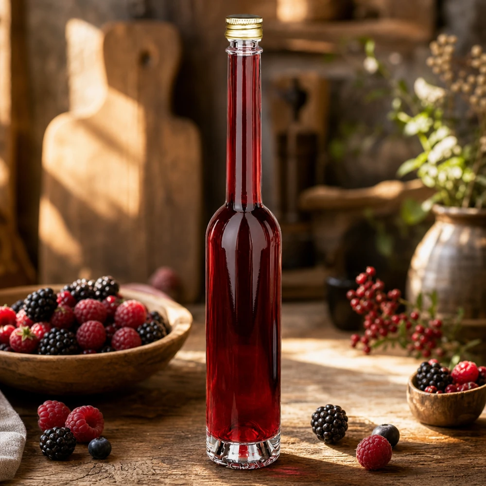 100ml Glasflasche Toni mit Beerenlikör gefüllt - UNiTWIST Goldverschluss in rustikaler Küche mit frischen Beeren