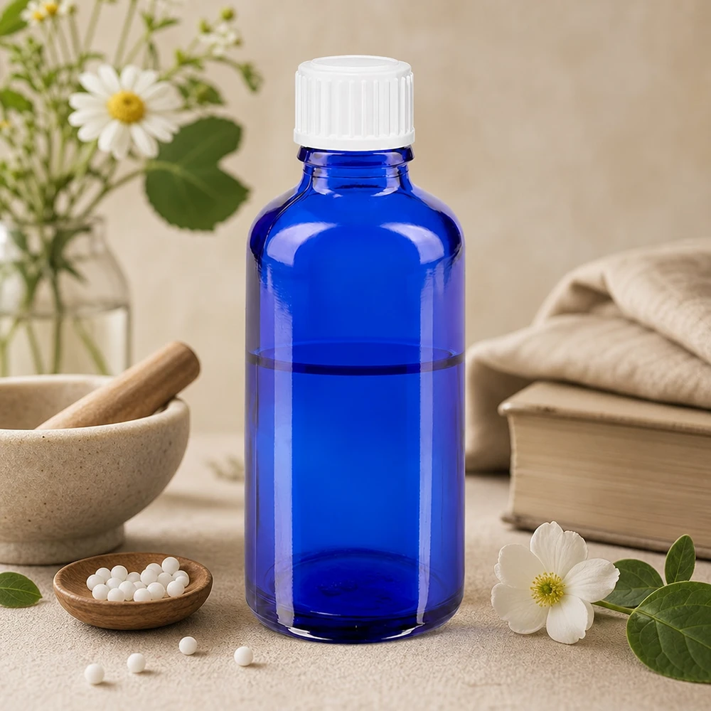Lékárenská láhev modrá 50ml kapací uzávěr bílý 0,8mm standardní Kobaltblaue Glasflasche 50ml mit kindersicherem Tropfeinsatz 0.9mm für ätherische Öle