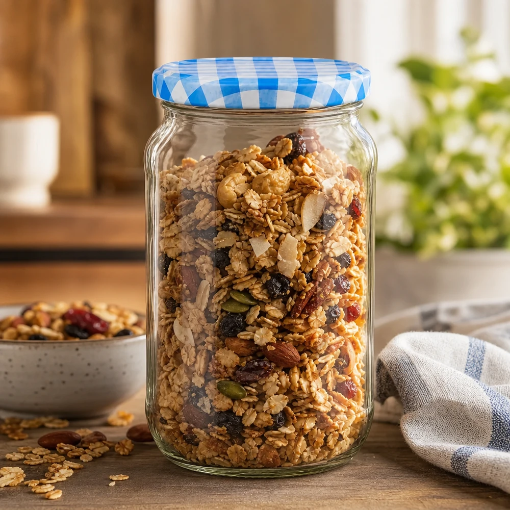 1062ml Rundglas mit Müsli und Nüssen befüllt, BasicSeal Deckel blau-weiß, perfekt für Vorratshaltung von Cerealien