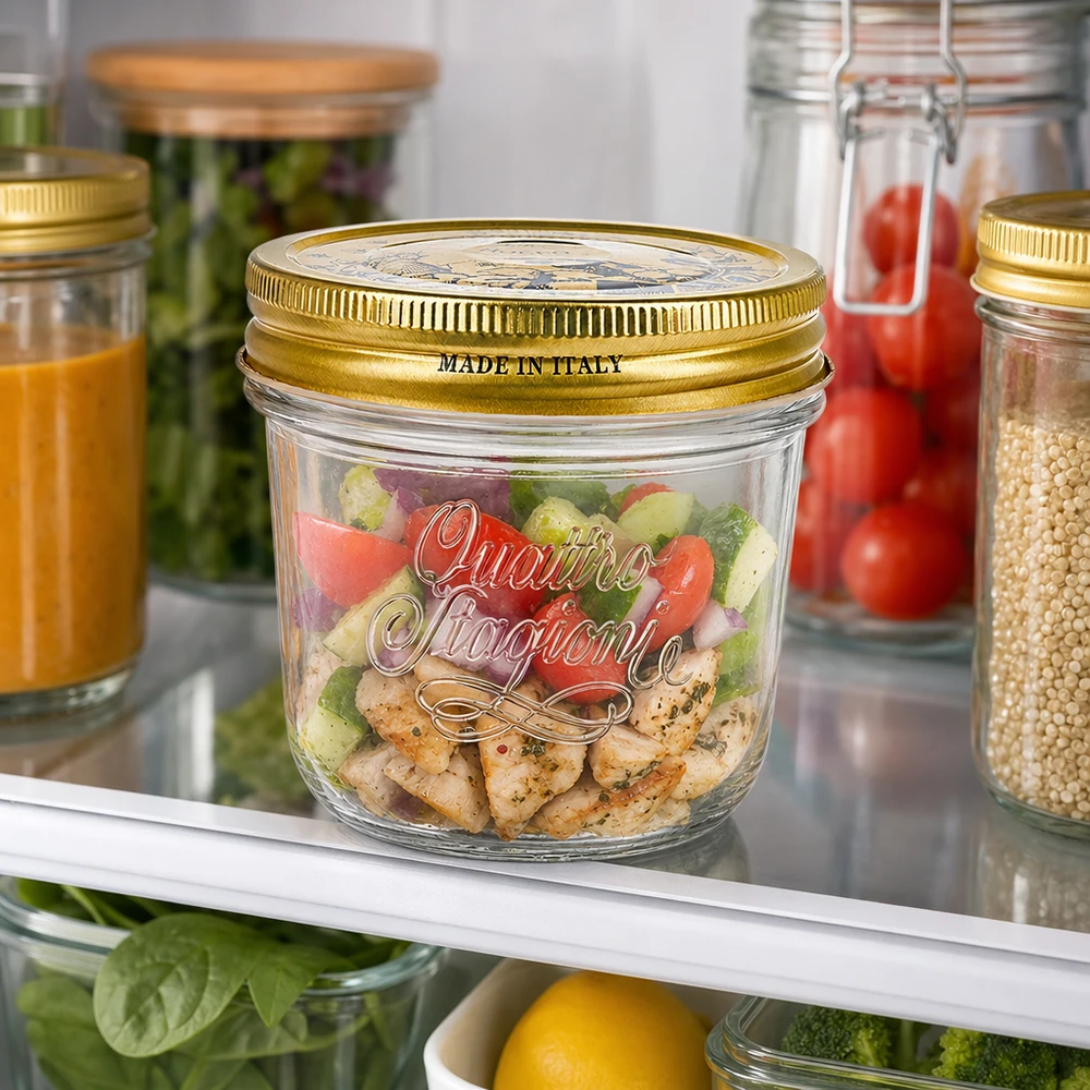 200ml kelímky "Quattro Stagioni" s víčkem 200ml Quattro Stagioni Sturzglas mit goldenem Deckel gefüllt mit buntem Salat in Kühlschrank neben anderen Vorratsgläser