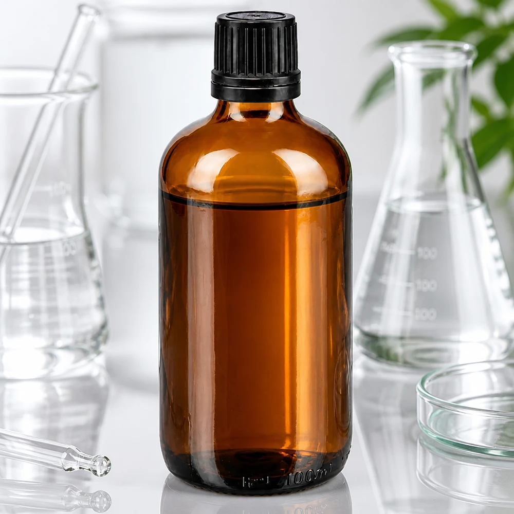 Zylindrische 100ml Braunglasflasche mit schwarzem Tropfverschluss in professioneller Laborumgebung