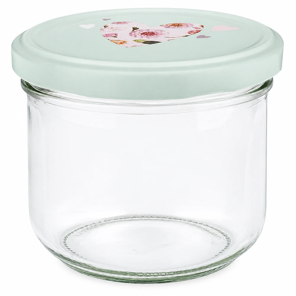 260ml Sturzglas mit mintgrünem BasicSeal Deckel und Herzmotiv, leeres Einmachglas für Marmelade und Konserven
