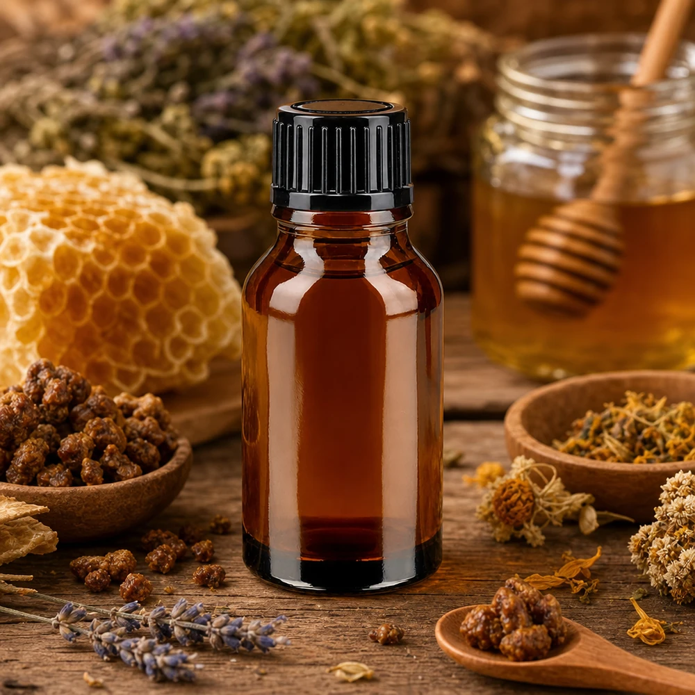 Lékárenská lahvička hnědá 15ml šroubovací uzávěr černý standard. Kompakte Apothekenfl 15ml Braunglas Schraubv schwarz auf Holz mit Honigwabe und Heilpflanzen