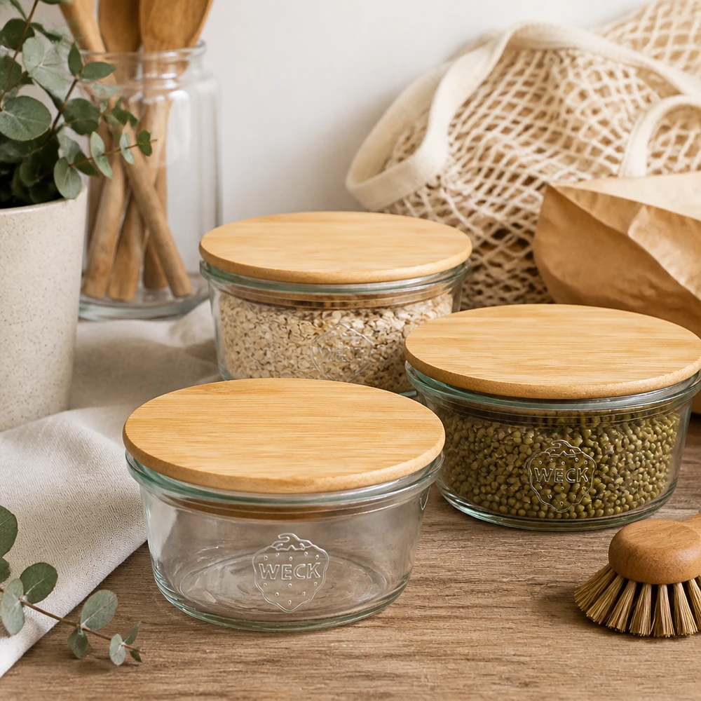 50ml miniaturní lahvička WECK RR60 s dřevěným víčkem WECK Mini Sturzglas 50ml mit Bambusdeckel in nachhaltiger Zero-Waste Küche mit Mesh-Beutel und Holzutensilien