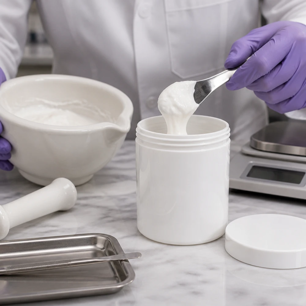 Dóza na mast 800g bílá s bílým šroubovacím víčkem (polypropylen) Farmaceutické plnění masti do bílé plastové nádoby z PP o objemu 800 g se šroubovacím uzávěrem