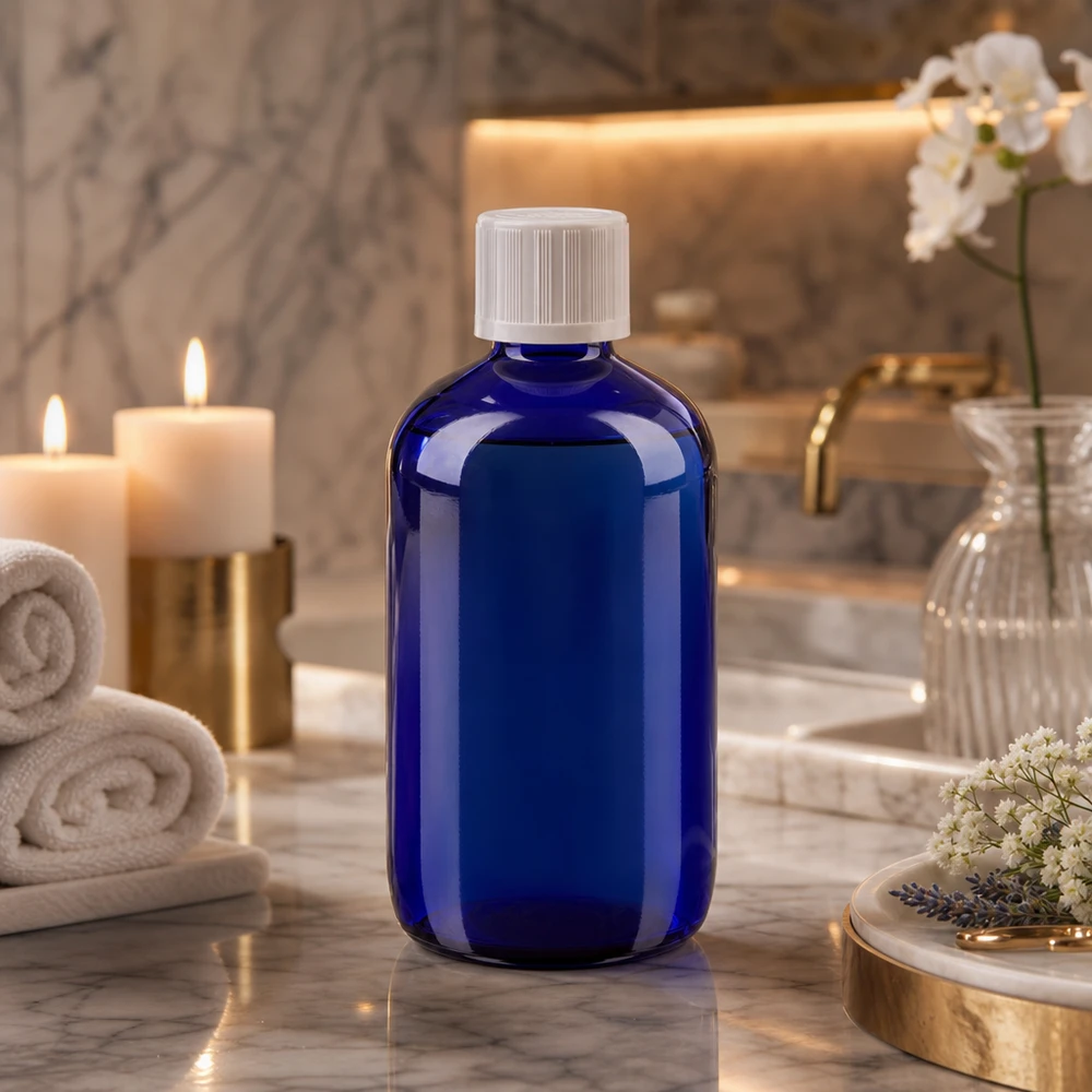 Lékárenská láhev modrá 100ml kapátko uzávěr bílý dětský bezpečnostní standard. Pharmazeutische 100ml Tropfflasche kobaltblau mit KiSi Verschluss für Naturkosmetik Anwendungen