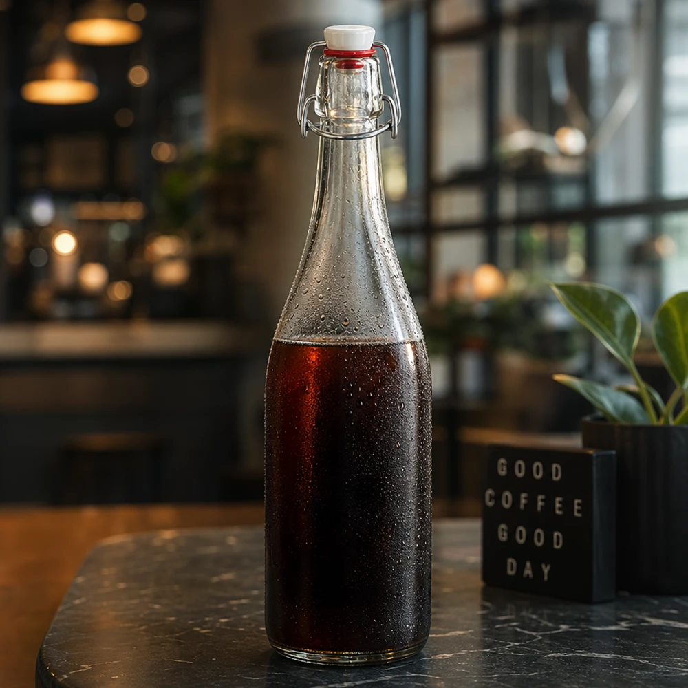 Skleněná láhev o objemu 750 ml + otočný uzávěr PVC UNiTWIST 750ml Glasflasche Bügelverschluss mit Cola gefüllt Café Atmosphäre cold brew coffee ambient Beleuchtung stylisch