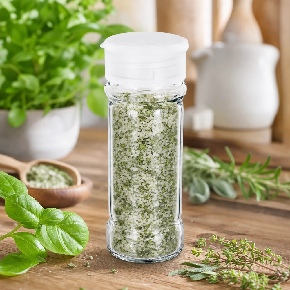 Dóza na sůl/koření 100ml s šejkrem bílá Transparentes Glasgewürzgefäß 100ml mit weißem Streueraufsatz neben frischen Küchenkräutern