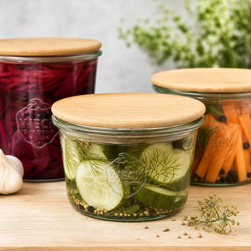 80ml tumbler WECK RR60 s dřevěným víčkem WECK Sturzglas 80ml RR60 Holzdeckel eingelegte Gurken Gemüse fermentieren Einmachen Konservieren Küchenhelfer