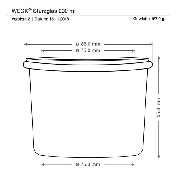 Tumbler o objemu 200 ml WECK RR80 s korkem přírodní Technische Zeichnung WECK Sturzglas 200ml RR80 mit Maßangaben Durchmesser 88mm Höhe 55mm Gewicht 157g