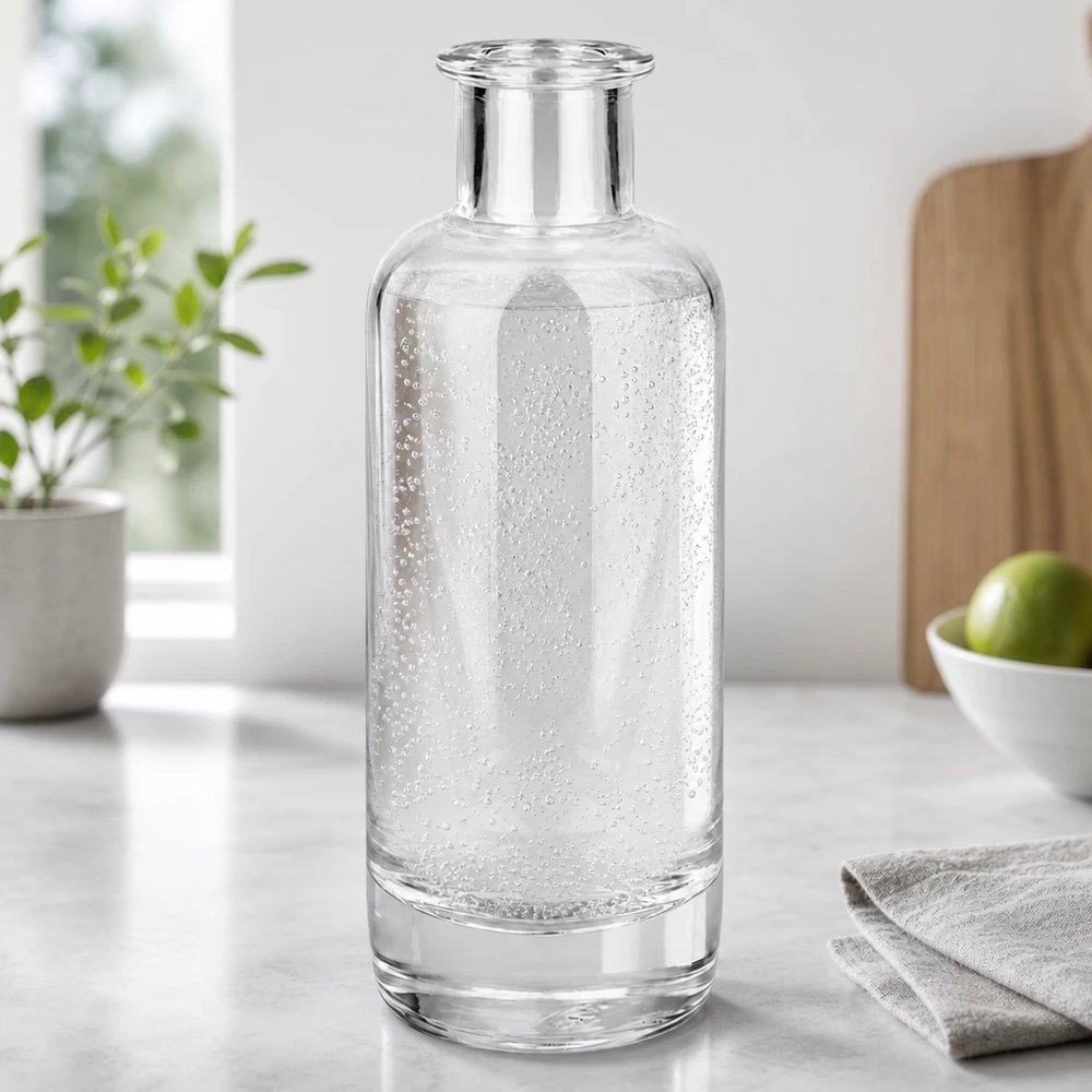 200ml Glasflasche Ella mit sprudelndem Mineralwasser gefüllt in moderner Küche zeigt Verwendung für Getränke