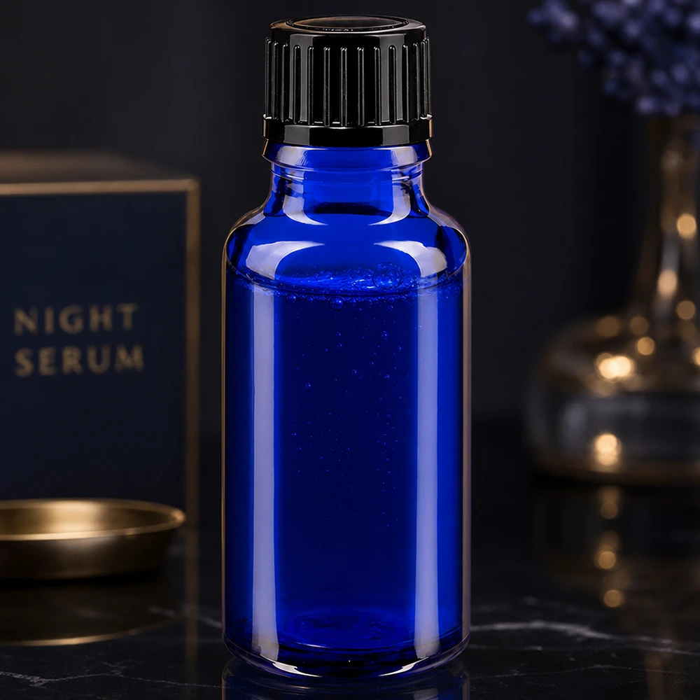 Lékárenská lahvička modrá 20ml kapací uzávěr standardní černý 1mm UV-Schutz Tropfflasche 20ml blau mit schwarzem Verschluss für Serum und Naturöle