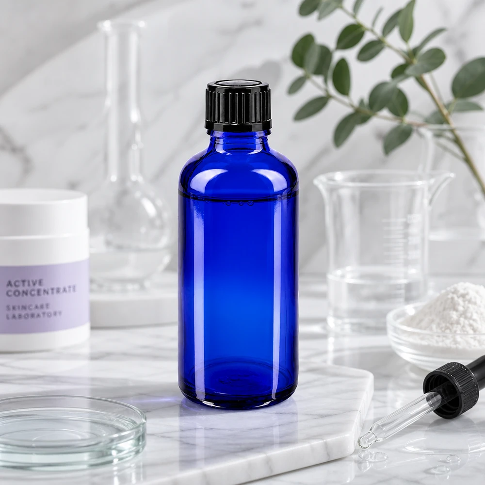 50ml blaue Glasflasche STD mit Tropfverschluss für Kosmetik Pharmazie und Aromatherapie