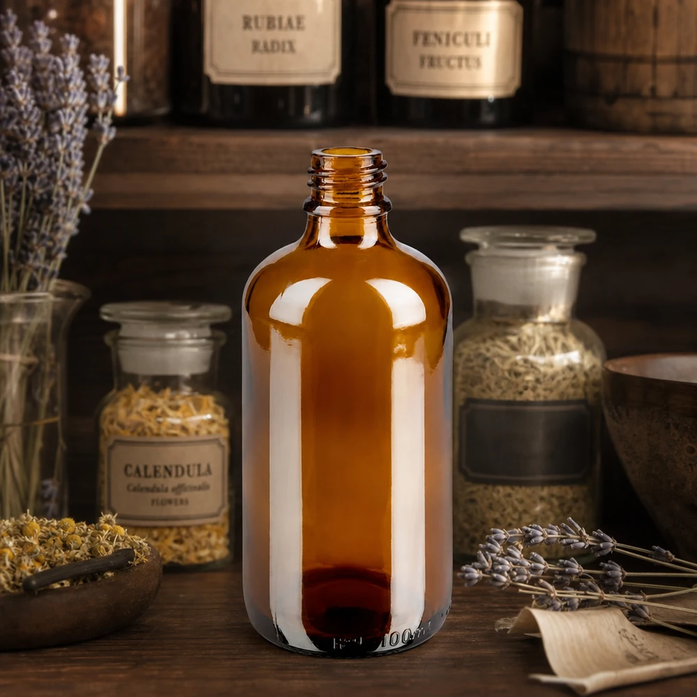 Lahvička s kapátkem 100 ml DIN 18 z jantarového skla 100ml braune ApoGlas Apothekerflasche mit Calendula Kräutern und Lavendel in rustikaler Apotheken-Atmosphäre