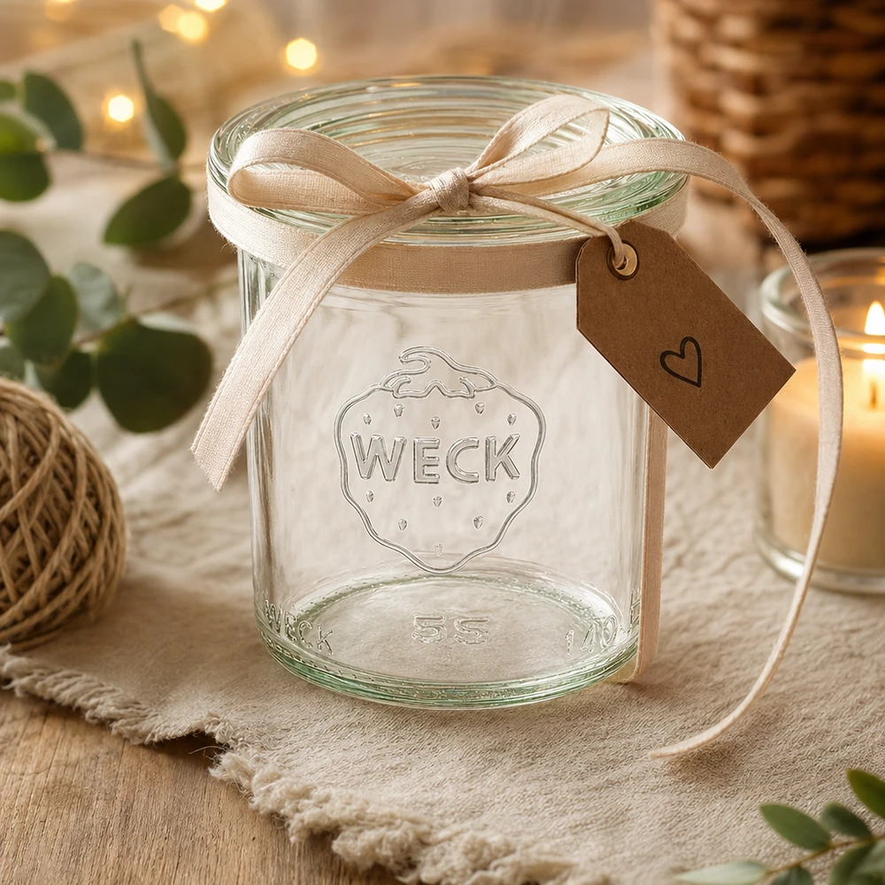 140ml zavařovací sklenice se skleněným víčkem WECK RR60 WECK Sturzglas 140ml RR60 als Geschenk dekoriert mit beiger Schleife und Herzanhänger auf rustikalem Holztisch