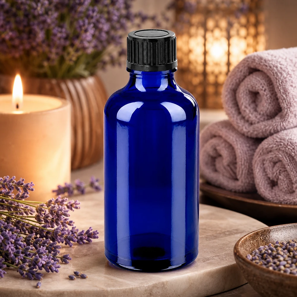 50ml láhev 11mm šroubovací uzávěr černý standard BlueLine UT18/50 Premium 50ml Glasflasche in Apothekerqualität mit kindersicherem Verschluss