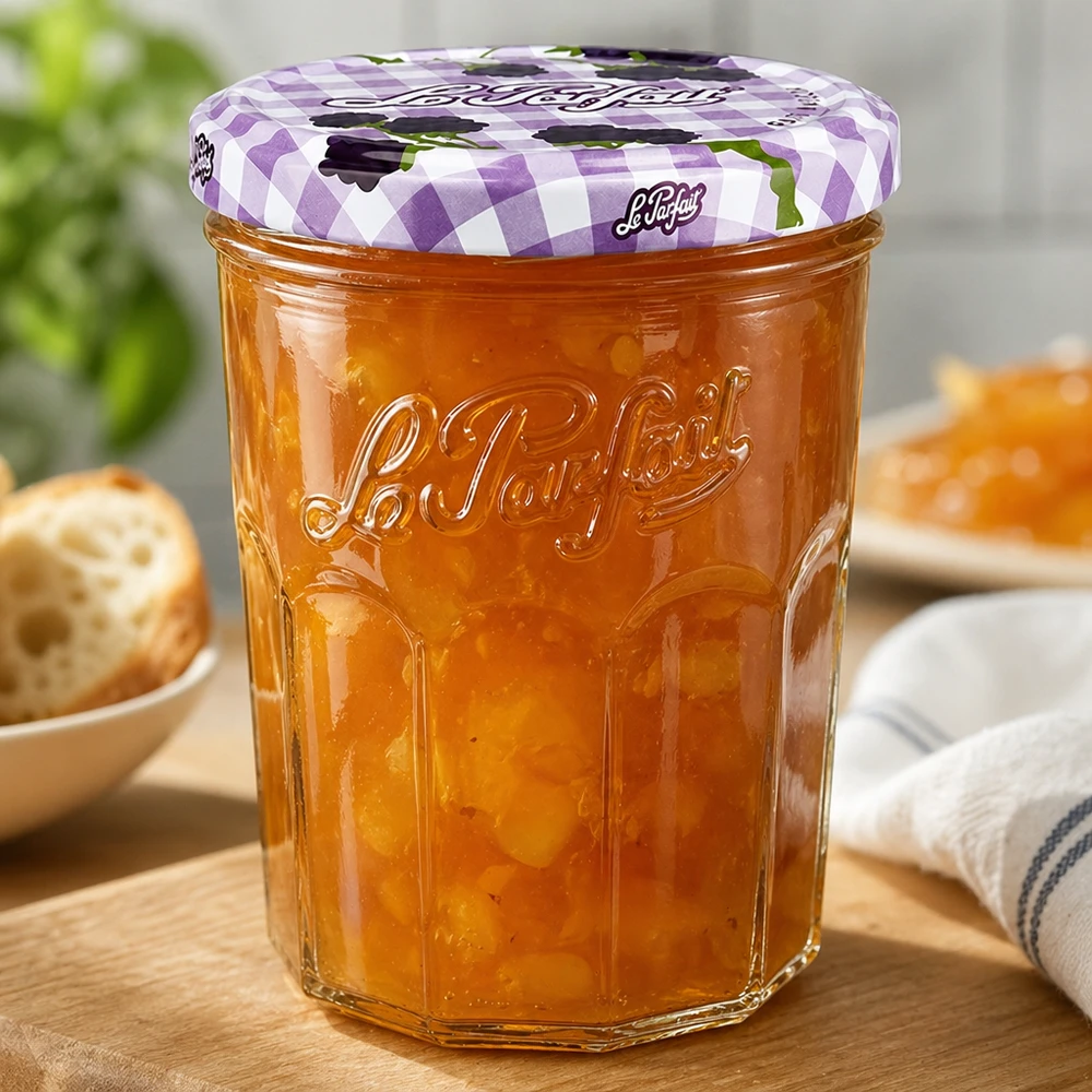 385ml Sturzglas "Jam" mit Schraubdeckel Le Parfait® Le Parfait Sturzglas 385ml mit Orangenmarmelade gefüllt auf Holztisch neben Brot und Frühstücksgedeck