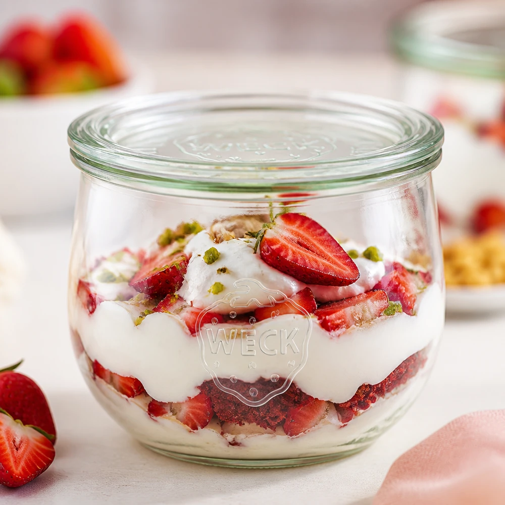 580ml tulipánová sklenice se skleněným víčkem WECK RR100 WECK Tulpenglas 580ml RR100 mit Erdbeer-Joghurt-Dessert gefüllt als Dessertvariante mit Pistazien auf weißer Oberfläche