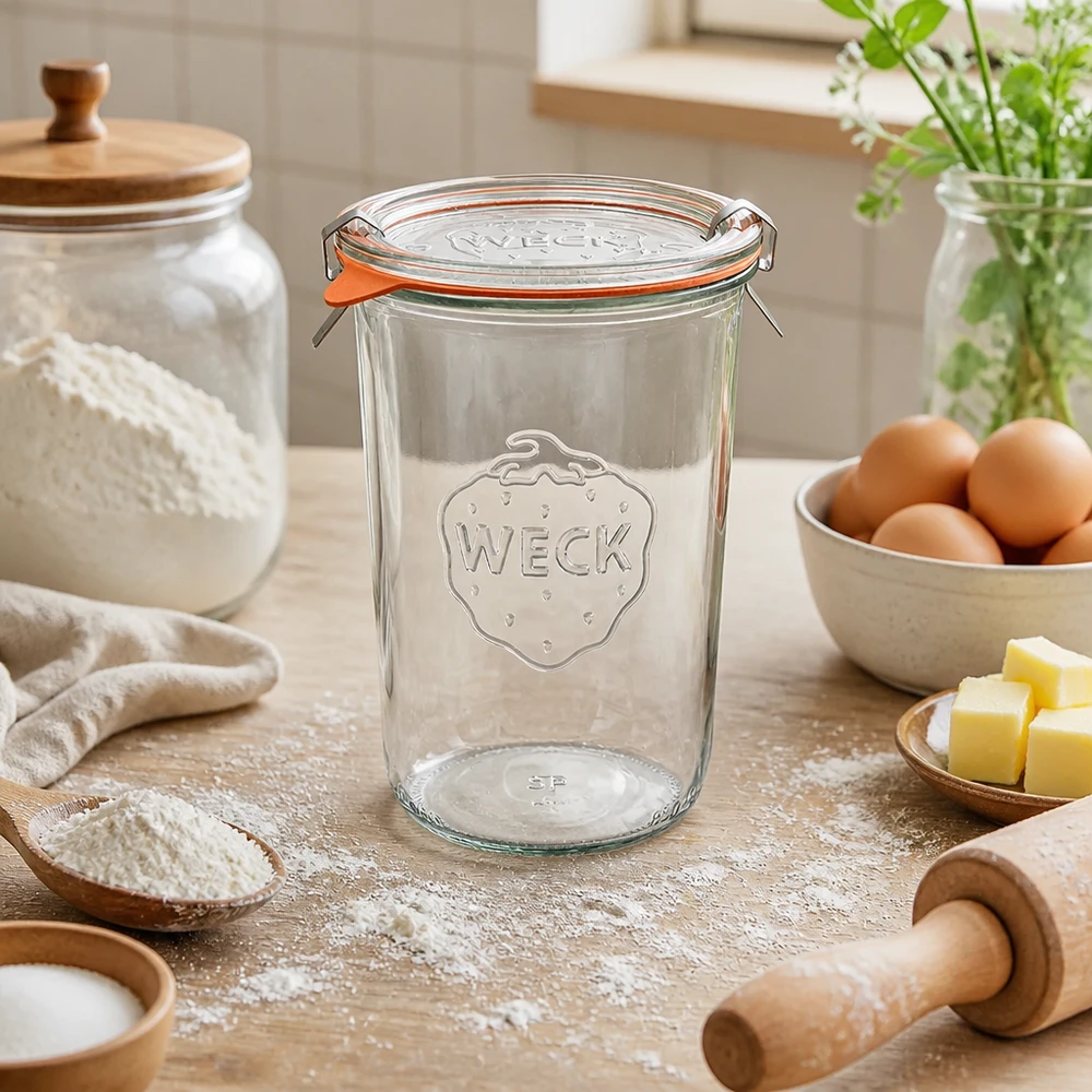 Kompletní sklenice s objemem 850 ml WECK RR100 s čerstvostí. WECK Sturzglas 850ml RR100 in natürlicher Küchenumgebung mit Backzutaten Eiern Butter und Mehl zum Einkochen