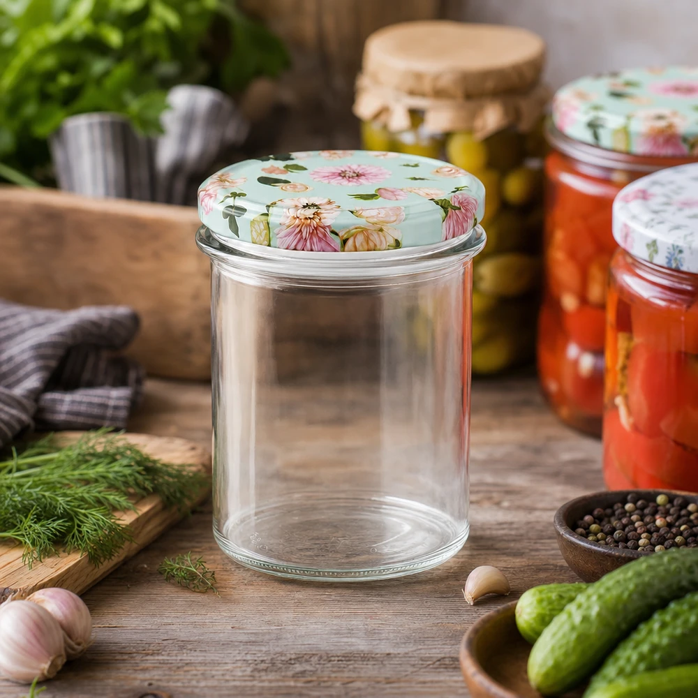 350ml kelímky + víčko BasicSeal flower mint UNiTWIST 350ml Einmachglas mit Blumendeckel mint in rustikaler Küche, umgeben von frischen Gurken und Gewürzen zum Einkochen