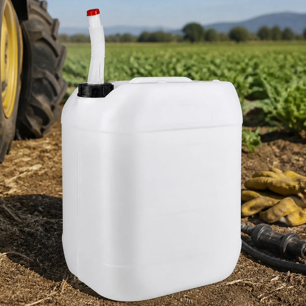 Kanystr o objemu 20 litrů s výpustnou trubkou Flex Kompakter UN-geprüfter 20 Liter Kanister mit beweglichem Auslaufstutzen für Flüssigkeiten