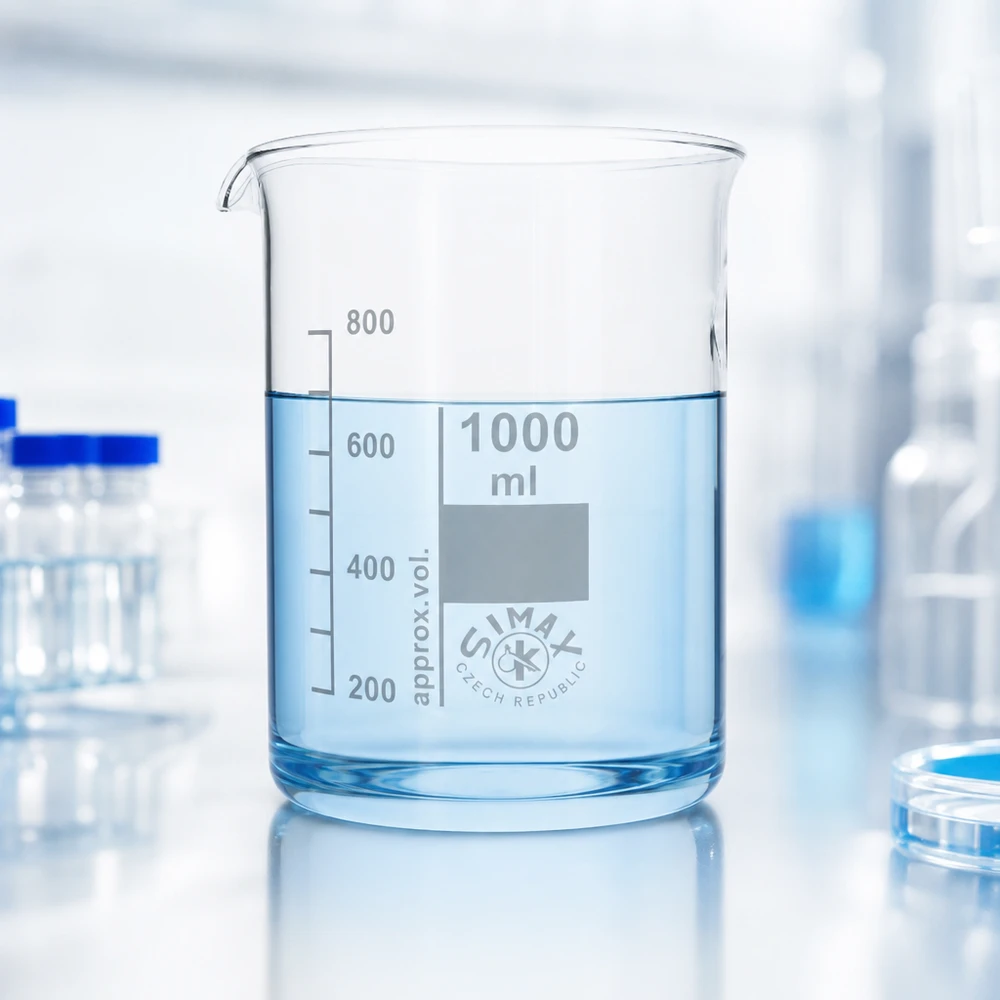 Kádinka 1000ml z borosilikátového skla, nízký tvar Transparentes Borosilikatglas-Becherglas 1000ml mit ergonomischem Ausguss für Laborprofis