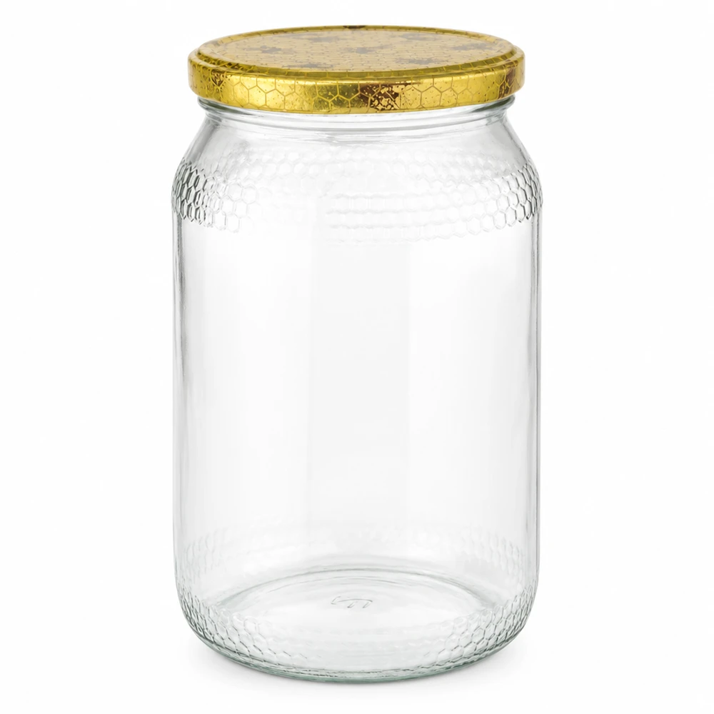 900ml Honigglas mit goldenem BasicSeal Deckel Bienenwabe Muster leer Imkereibedarf Honigverpackung