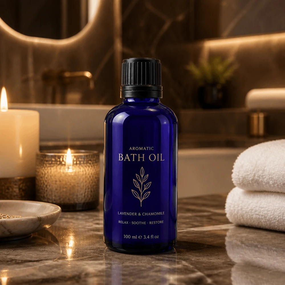 Apothekerglasflasche in Blau 50ml mit schwarzem 8mm Verschluss für Kosmetikprodukte und Öle