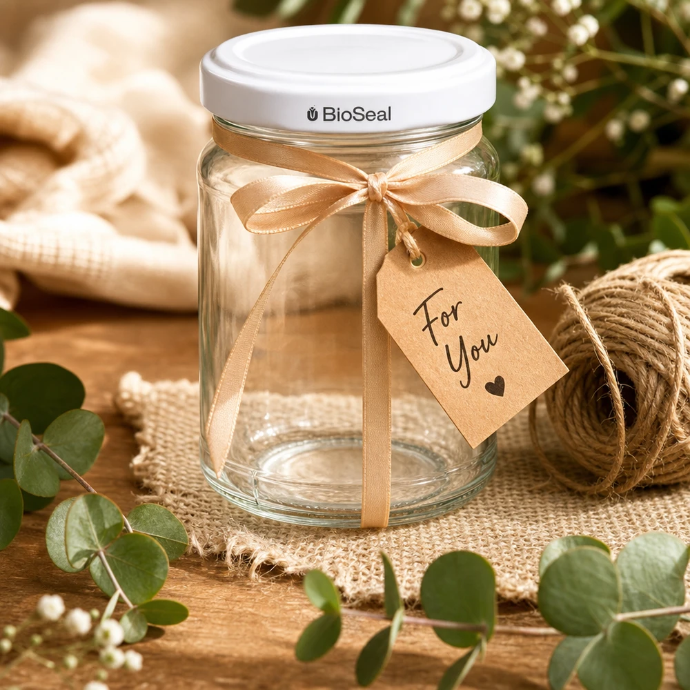 Kulatá sklenice o objemu 205 ml s víčkem BioSeal bílá UNiTWIST UNiTWIST Runda205 Glasdose mit TO58 BioSeal Deckel als Geschenk dekoriert mit Schleife und Geschenkanhänger