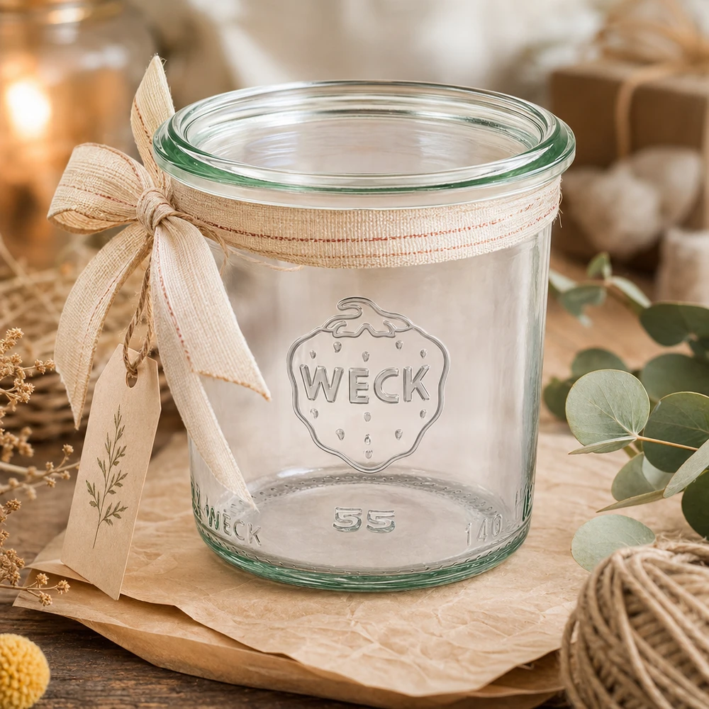 140ml tumbler WECK RR60 s dřevěným dřevem - 140ml tumbler WECK RR60 s dřevěným dřevem. 140ml WECK Sturzglas RR60 mit Schleifenband auf Holzbrett, leeres Einmachglas für Marmelade und Konserven