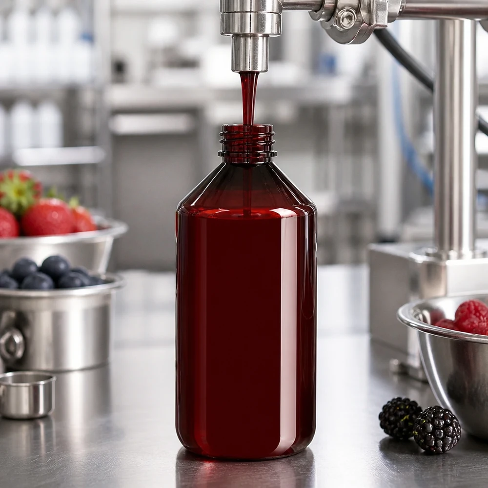 Hnědá PET láhev o objemu 750 ml se plní červeným ovocným džusem v průmyslové plnicí lince