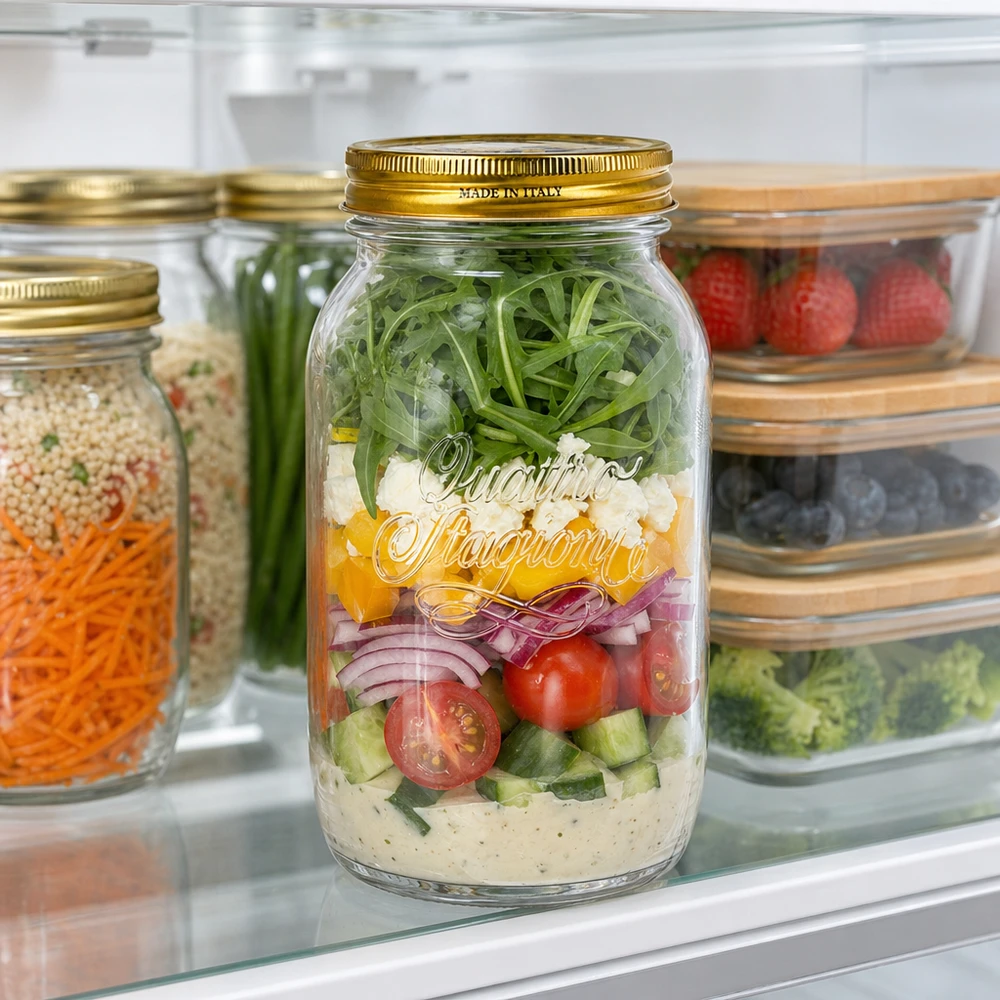 1500ml kulatá sklenice "Quattro Stagioni" s víčkem 1500ml Quattro Stagioni Einmachglas mit Schichtsalat gefüllt im Kühlschrank meal prep salatkonservierung