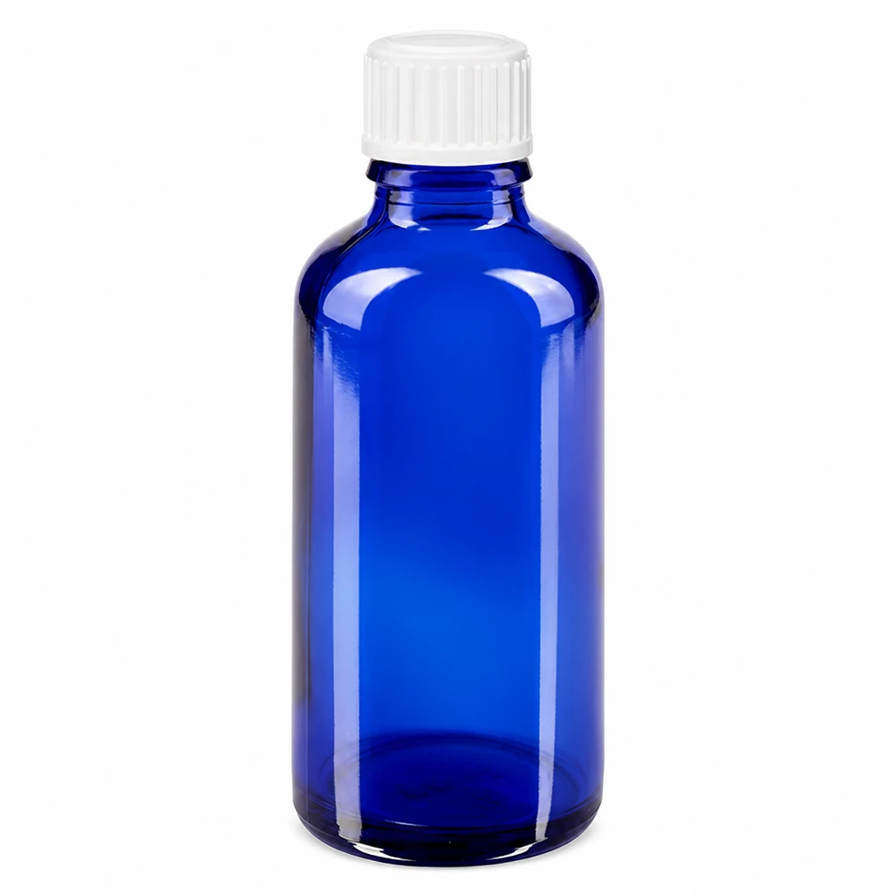 Lékárenská láhev modrá 50ml šroubovací uzávěr bílý Globuli Standard Pharmazeutische 50ml Flasche aus blauem Apothekerglas mit weißem Tropfverschluss 3mm Öffnung
