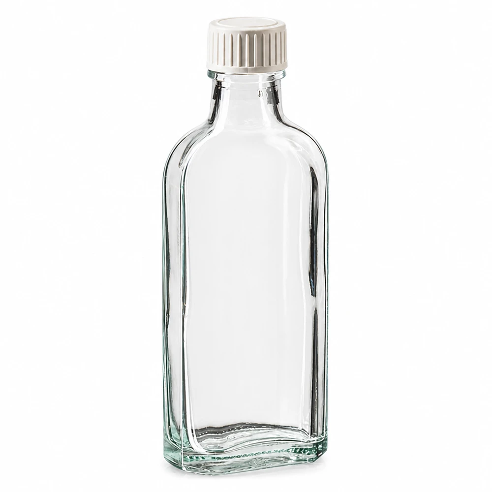 100 ml čirý šroubovací uzávěr Meplat s pěnovou vložkou PE. Meplat Schraubflasche 100ml Klarglas mit weißer Kappe und Schaumeinlage leer