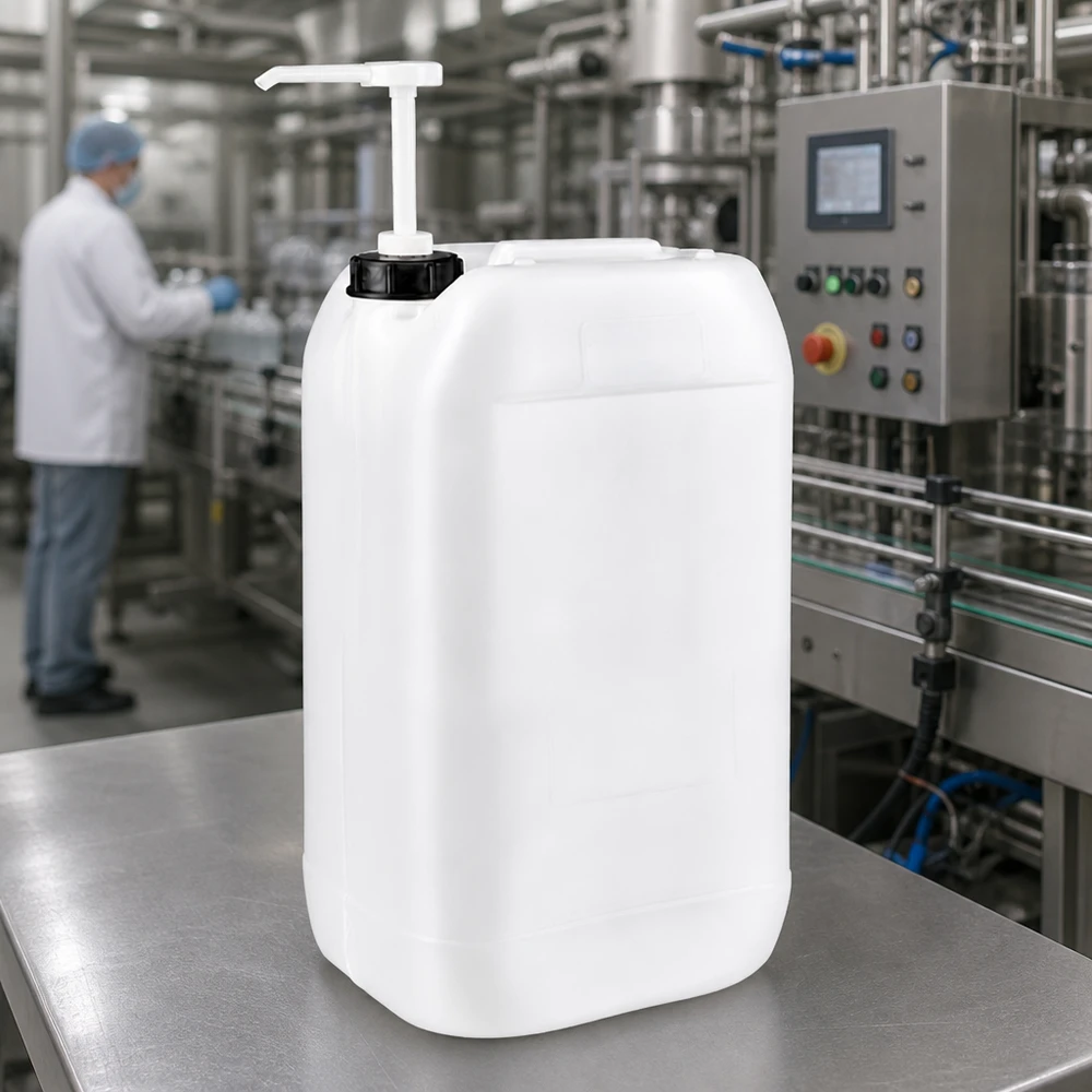 Kanystr 15 litrů s dávkovacím čerpadlem Robuster 15L Flüssigkeitsbehälter mit Pumpaufsatz vor moderner Industrieanlage mit Bedienpanel