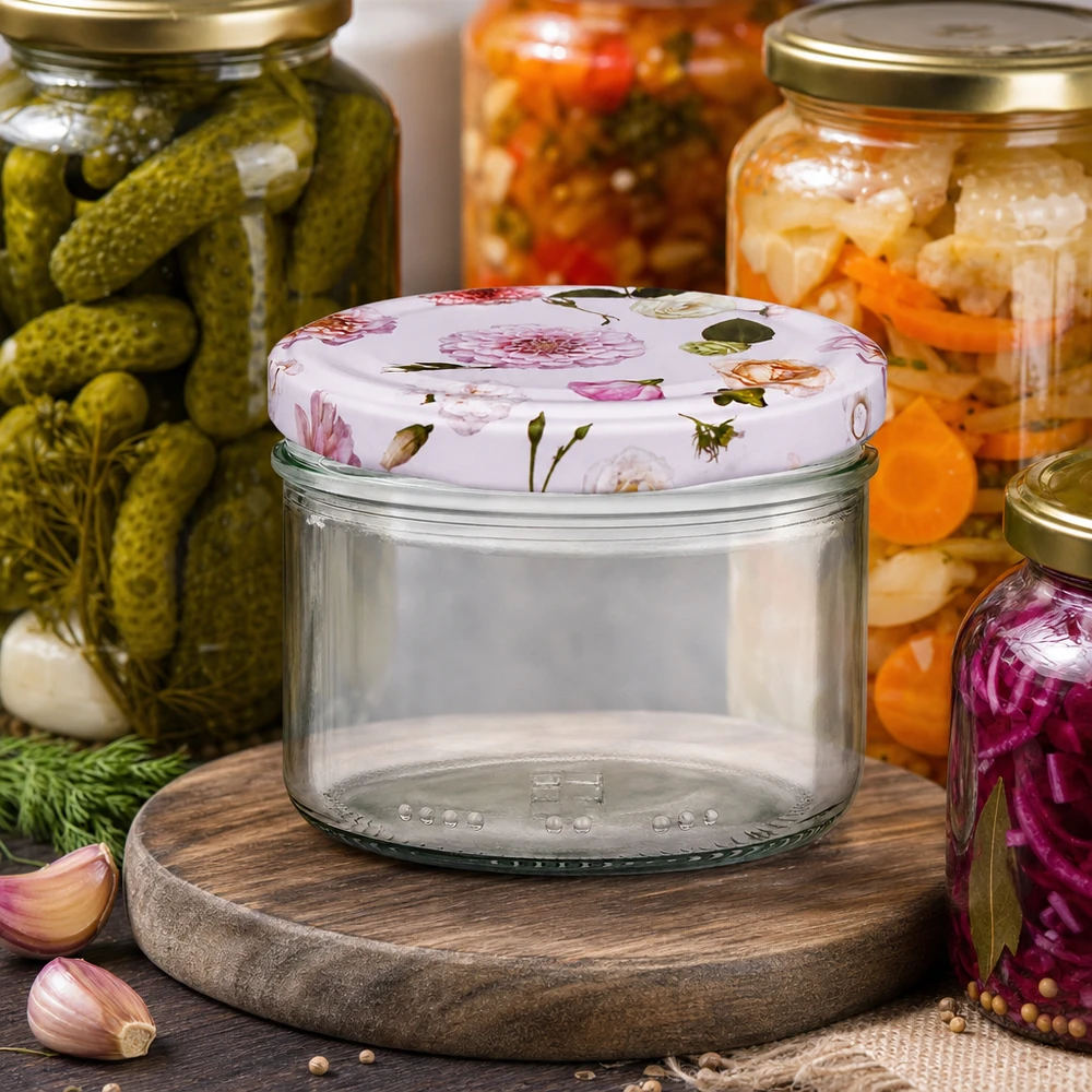 230ml válcová sklenice + víčko BasicSeal květinově růžová 230ml Zylinderglas mit rosa Blumendeckel zwischen Einmachgläsern - Konservengläser für Fermentation und Vorräte