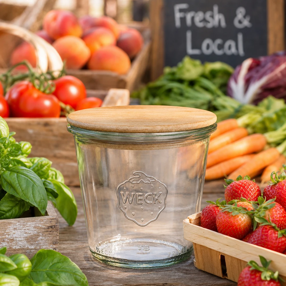 290ml vysoká skleněná nádoba WECK RR80 s dřevěným víčkem buchta WECK Vorratsglas 290ml RR80 mit Holzdeckel zwischen frischem Gemüse und Obst auf Marktstand Fresh Local