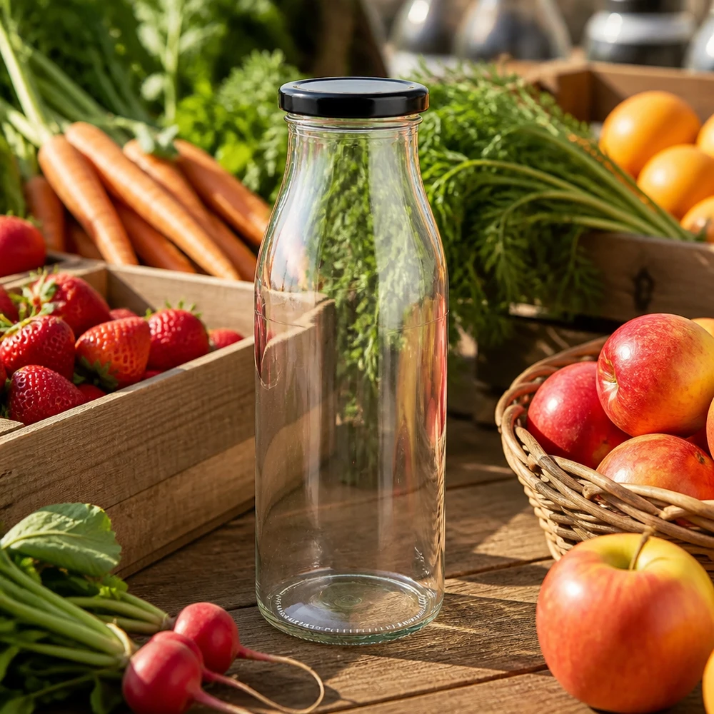 500ml skleněná láhev + víčko BasicSeal černé UNiTWIST 500ml Glasflasche mit schwarzem Deckel zwischen frischem Obst und Gemüse auf Holztisch Küchenszenerie