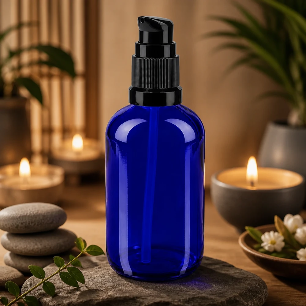 Schlanke 100ml blaue Apothekerglasflasche mit Pumpkopf in warmer Kerzenlicht-Atmosphäre